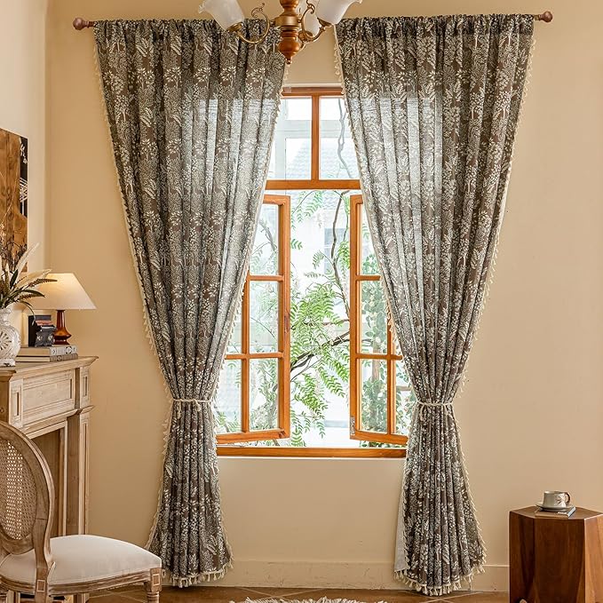 OYX Floral Curtains 96 Inch Length 2Panels for Living Room, Bedroom Light Filtering Drapes, Farmhouse Vintage Country French Tassels for Boho Pattern Rod Pocket Aesthetic Home Decor Window Treatments