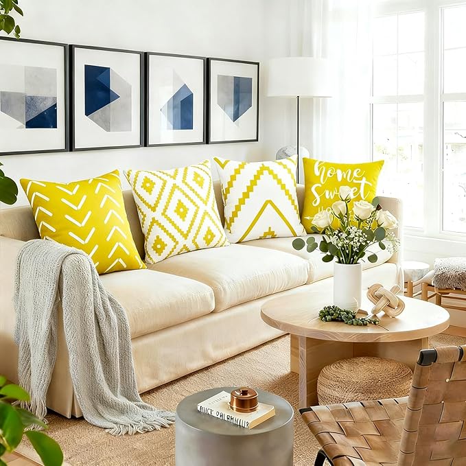 Decorative Throw Pillow Covers 18x18 inch Set of 4 Yellow Pillow Covers for Couch Sofa Bed Living Room,Farmhouse Outdoor Throw Pillow Cover,Modern Geometric Linen Square Throw Pillow Cases