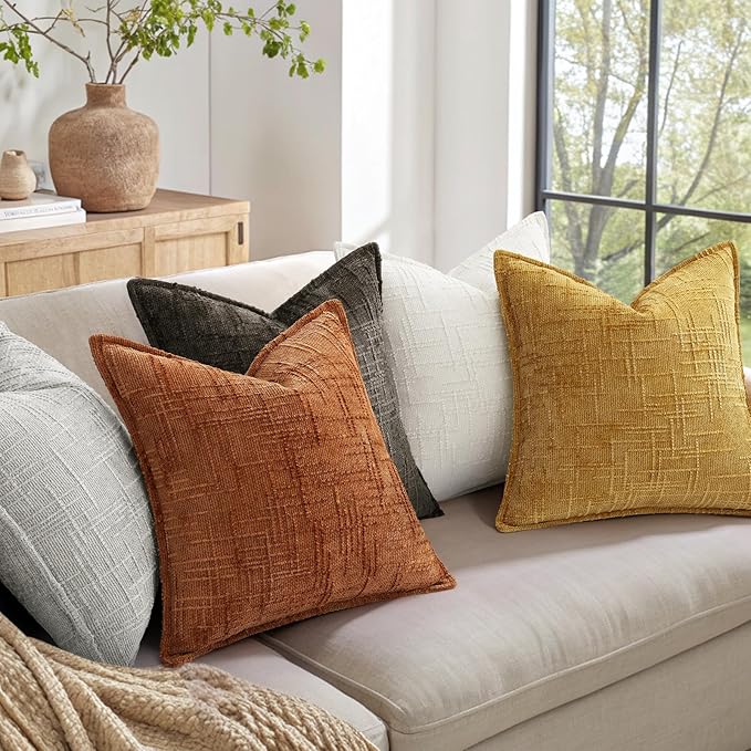 decorUhome Chenille Throw Pillow Covers 16x16 Set of 2, Thick Textured Slubby Neutral Decorative Pillow Covers with Elegant Design for Couch, Sofa, Living Room, Mustard Yellow