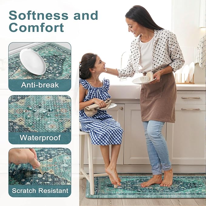Collive Farmhouse Anti Fatigue Kitchen Mat, Cushioned Kitchen Rug Sets of 2 Waterproof Non Slip Kitchen Floor Mats Ergonomic Comfort Standing Mat for Laundry, Office, Sink, Desk, Teal/Multi