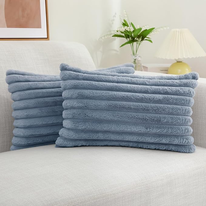 decorUhome Faux Fur Christmas Throw Pillow Covers 12x20 Set of 2, Decorative Soft Plush Striped Neutral Couch Euro Pillow Covers with Velvet Back for Sofa, Bed, Living Room Home Decor, Grey Blue