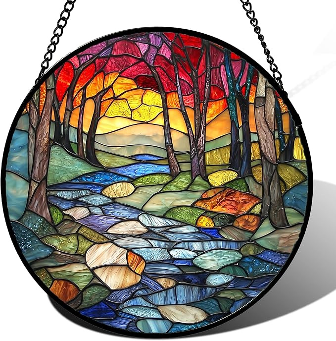 Stained Glass Window Hanging, Red Tree Abstract Sunset Lake Sun Catcher for Window Home Decor Landscape Suncatcher Mother's Day Birthday Gifts for Women Men Mom and Nana 9.8 in