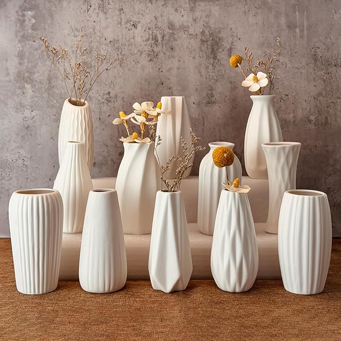 White Vase Set of 12, Small White Bulk Bud Vases for Pampas Grass for Wedding Table Centerpieces Decoration, Modern Boho for Rustic Vase.