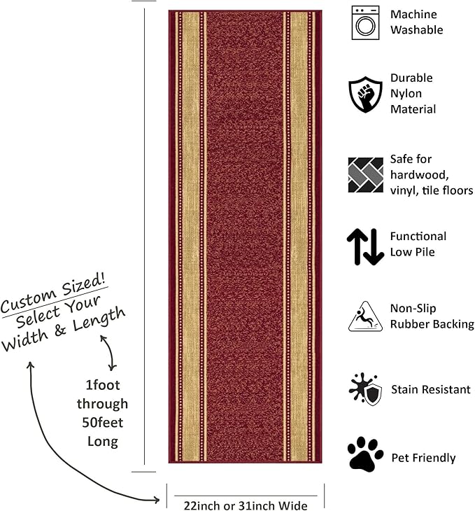 Kapaqua Custom Size Red Gold Beige Bordered Rubber Backed Non-Slip Hallway Stair Runner Rug Carpet 31 inch Wide Choose Your Length 31in X 4ft