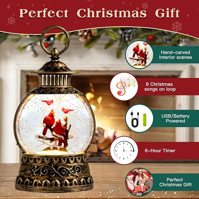Cardinal Christmas Snow Globe, Cardinal Musical Snow Globe Lantern Lights with 6H Timer Battery & USB Powered, Retro Style Holiday Glitter Globe for Xmas Home Decoration Holiday Party Gifts