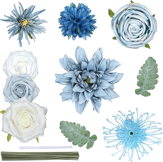 Artificial Flowers Combo Blue Flowers - Mix Silk Flowers Dahlia Roses with Stems ffor DIY Wedding Bouquets Bridal Shower Centerpieces Floral Arrangements Party Tables Home Decorations.