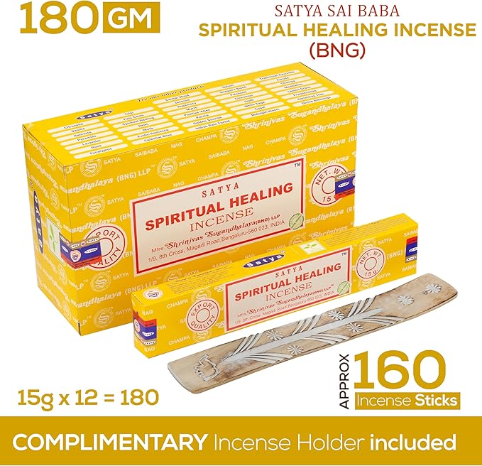 Satya Spiritualite Healing Incense Sticks, Satya Bng (Bangalore) Insenses 15gmx12 Pack with Raajsee Incense Holder Bundle, Satya Nagchampa Natural Incense