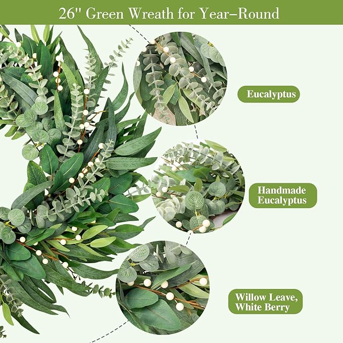 22 Inch Eucalyptus Wreaths for Front Door Year Round, Large Green Artificial Farmhouse Wreath for Home Decorations Outdoo Indoor Wall Window Porch