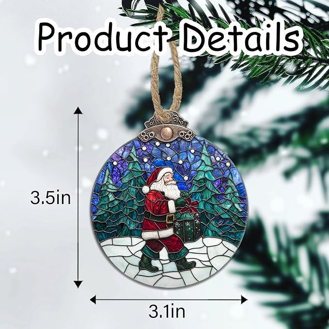 Stained Glass Christmas Decorations, Santa Claus Giving Gifts Suncatcher for Window Christmas Tree Hanging Ornaments Landscape Sun Catcher Xmas Decor Gifts for Women Men Mom Nana Friend