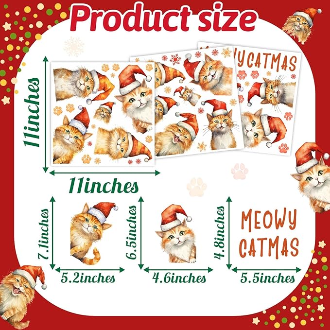Christmas Window Clings Decoration Indoor Xmas Cat Stickers Double-Sided Merry Christmas Window Decals for Glass Windows Xmas Snowflake Decals for Winter Holiday Kids Bedroom Home Party Supplies