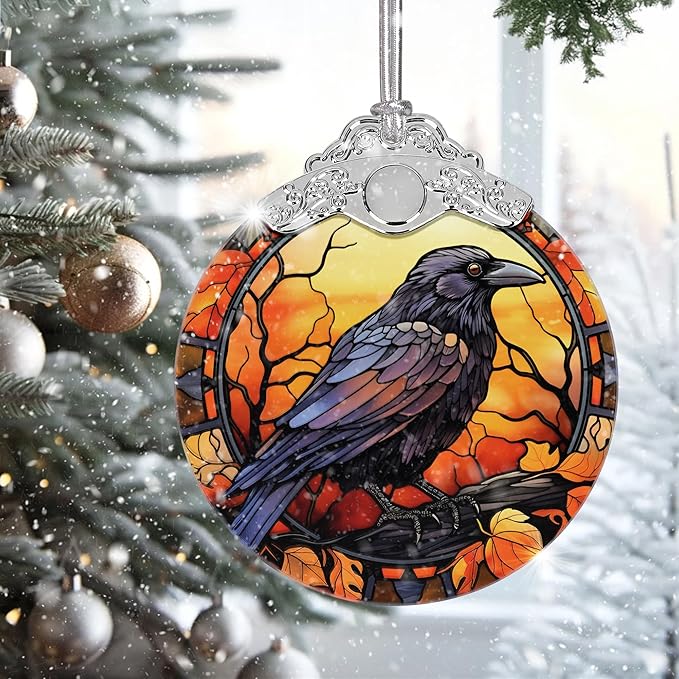 2025 Ornaments for Christmas Tree, Zmoicky Stained Glass Hanging Ornament, Christmas Ornaments Clearance, Gift Exchange Ornament, Bauble Present - Crow