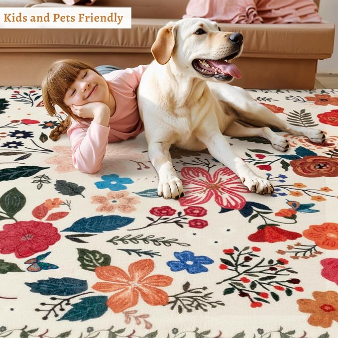 Tangsoo Runner Rug for Hallways Kitchen Rug, Non Slip 2x6 Washable Boho Floral Rug Runner for Entryway, Low Pile Carpet Door Mat Indoor Entrance for Kids Room Bedroom Laundry Office(White/Beige)