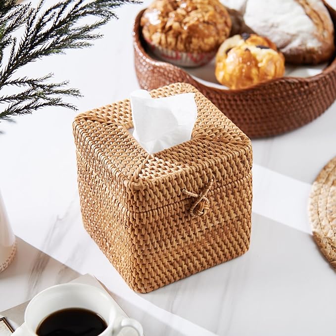 Rattan Square Tissue Box Cover, 5.7" x 5.7" x 5", Decorative Woven Facial Tissue Holder with Hinged Top Lid, Natural Color