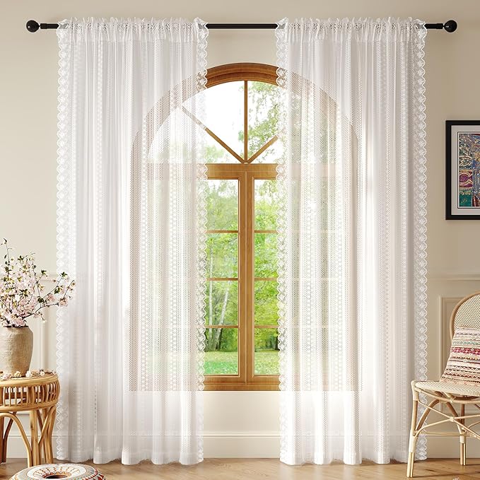 White Sheer Curtains 63 inch Length – Vintage Boho Sheer Curtains for Bedroom/Living Room, Light Filtering Drapes with Lace Trim, Rod Pocket Privacy Chic Window Treatments, 52W x 63L, 2 Panels