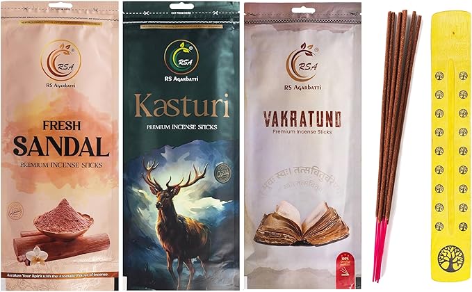 Hashcart Natural Incense Gift Set of 3 Includes 200+ Sticks Premium Fragrances Each of Vakratund, Kasturi, Sandal, 110g Each with 1 Assorted Incense Stick Holder, 45-50 Min Burn Time