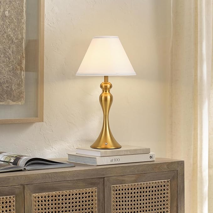 Rechargeable Cordless Table Lamps, Battery Operated Lamp with Fabric Shade for Decor, 3 Color Stepless Dimming LED Table Light, Nightstand Lamp for Nursery, Bedroom, Living Room, Home Office (Brass)