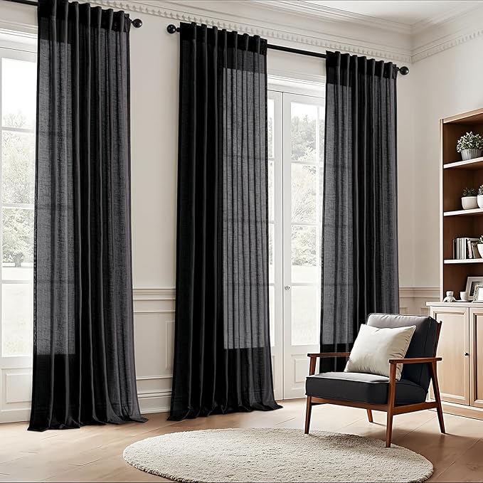 ANRODUO Extra Long Black Linen Curtain 120 Inch Long Back Tab Light Filtering Semi Sheer Modern Farmhouse Cotton Textured Ceiling to Floor Window Panels for Living Dining Room Bedroom Decor 2 Panels