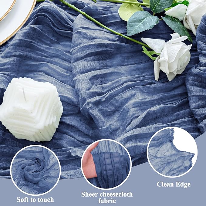 2PCS Table Runner Cheesecloth 10FT Blue Boho Gauze Cheese Cloth Rustic Sheer Table Runners for Wedding Birthday Bridal Baby Shower Party Decoration