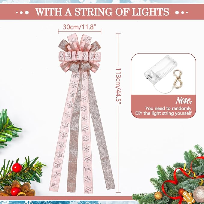 Zeyune Christmas Tree Topper 12 x 45 Inches Large Christmas Bows LED Lights Glitter Satin Mesh Streamer Snowflake Ribbon Decorative Bows for Xmas Tree Decorations Gifts(Pink)