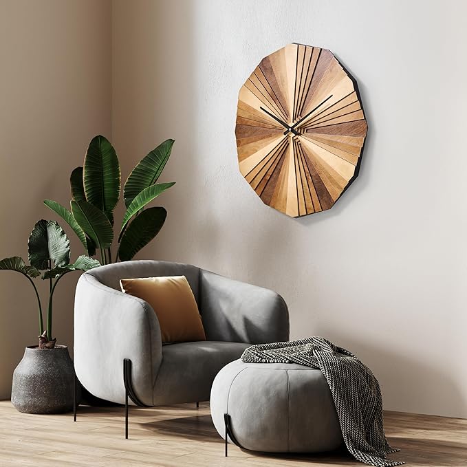 Parametric Wood Wall Clock, 3D Birch Plywood Layered Acoustic Wooden Decorative Clock (Medium)
