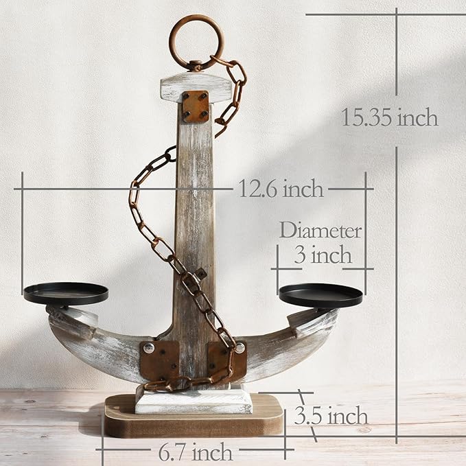 Wooden Anchor Candle Holder for 2 Candles，Rustic Candlestick Stand for Table Centerpiece ，Tall Candlestick with Unique Anchor Design for Home, Nautical,Beach & Lake House Decor（Brown）
