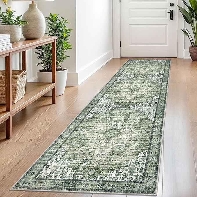 2x8 Runner for Hallways, Green Non-Slip Washable Kitchen Runner, Vintage Boho Printed Rug with Non-Shedding, Soft Medallion Floor Carpet for Laundry Bedroom Entryway