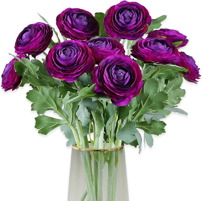 Artificial Ranunculus Flowers with Real Touch Stem, Silk Ranunculus Flowers (Purple, 10pcs)