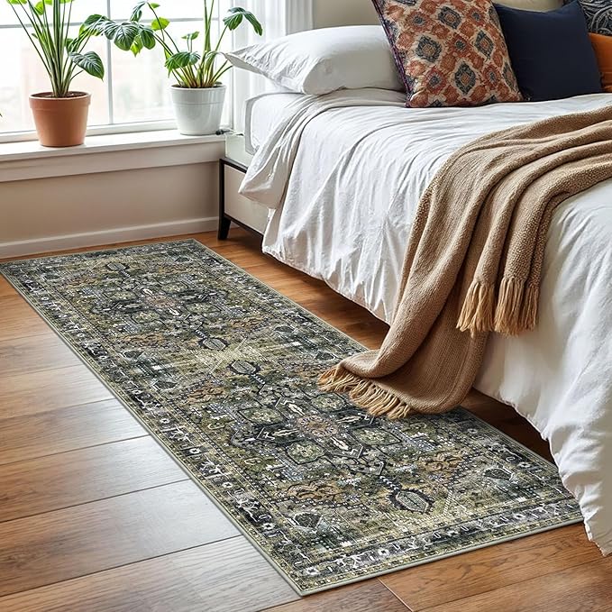 KOZYFLY Runners for Hallways 2x6 Ft Washable Kitchen Runner Rug Boho Runner Rug for Entryway Indoor Printed Oriental Faux Wool Floor Carpet Runner for Bedroom Kitchen Hall, Charcoal/Green/Olive