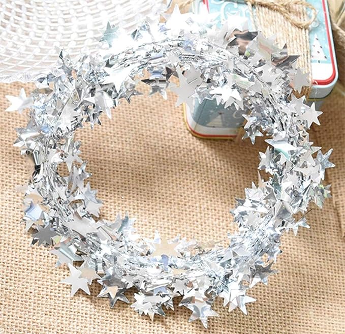25 FT Star Tinsel Garlands with Wire Star String Decor for Christmas Tree Party Decoration Festive Ornament, 2 Pack (Silver)