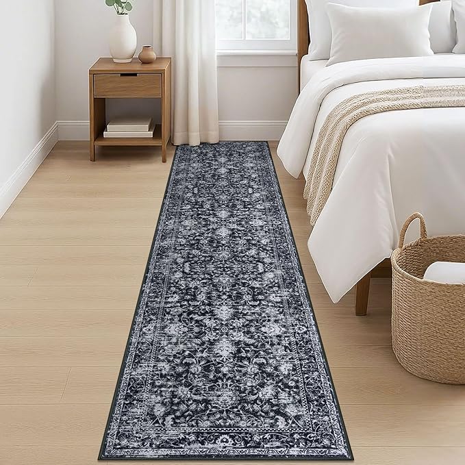 KILOCOCO Hallway Runner 2x8 Rug Runner Printed Vintage Floral Washable Kitchen Runners Non-slip Rubber Backed Runners for Hallways Distressed Thin Soft Rugs for Entryway Laundry Room, Black/Navy/White