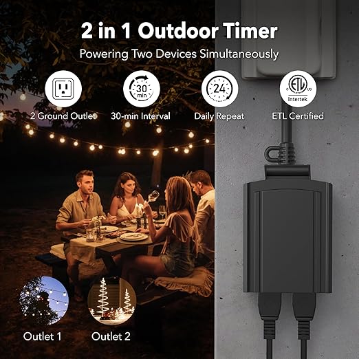 BN-LINK 24 Hour Heavy Duty Mechanical Timer, Outdoor Timer Outlet Waterproof with 30 Minutes Intervals, 2 Grounded Outlets for Christmas Lights Pool Pump,15A 1/2HP, ETL Listed