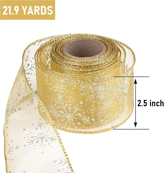 2.5 Inch Wide Christmas Wired Ribbon Snowflake Organza Sheer Glitter Ribbon for Xmas Tree, Wreath, Party Decoration, Gift Wrapping (Golden, 21.9 Yards)