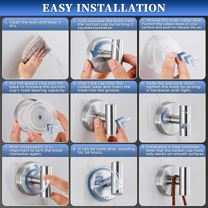 Heavy Duty Reusable Suction Cup Hooks for Shower - No Drill Bathroom/Glass/Mirror/Tiles & Metal Surfaces,and Smooth Non-Porous Surfaces for Towels, Robes, Loofahs (4, Brushed Nickel)