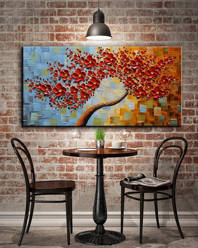 YaSheng Art -handpainted Texture Flowers Contemporary Art Oil Painting On Canvas Abstract Canvas Art 3D Red Tree Paintings Modern Home Wall Art for living room Bedroom Dining Room Office Wall Decor 24x48inch