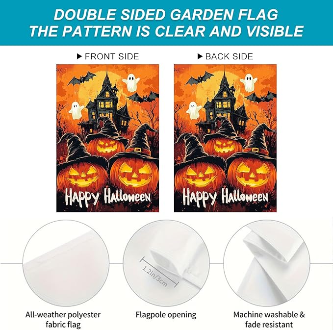 Halloween Garden Flag 12x18 Inch Pumpkin Witch Hat Ghost Bat Haunted House Double Sided Fall Outdoor Halloween Yard Flag Spooky Holiday Banner Porch Lawn Decoration Seasonal Party Decor Sign