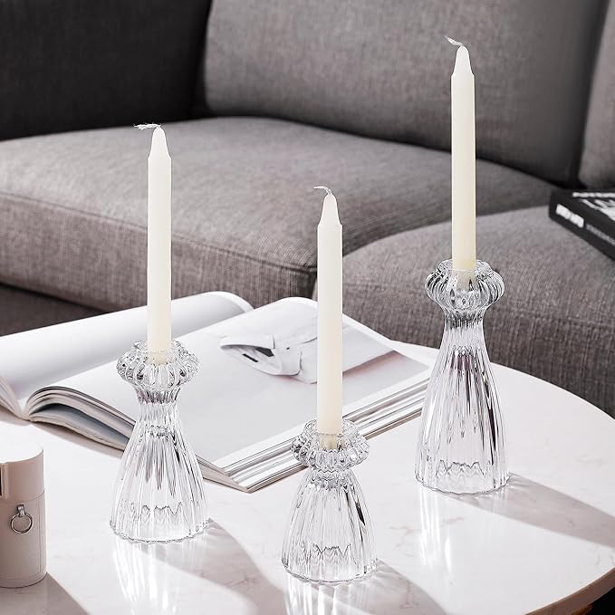 Lysenn Glass Candle Stick Holder Set of 3 – Premium Taper Candle Holders for Romantic Ambiance - Candle Sticks Holder Decor for Special Occasions - Clear