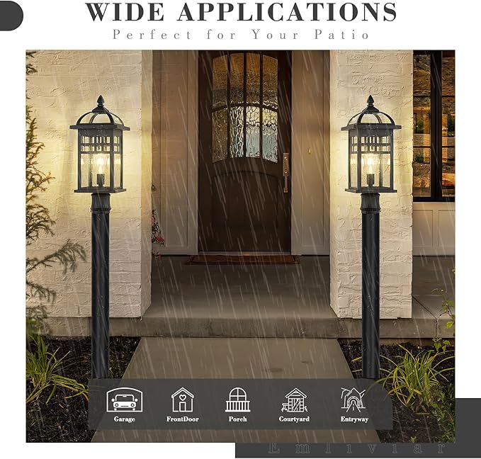 Emliviar 22" Outdoor Post Light, Large Exterior Post Lamp for Garden Backyard, Die-cast Aluminum with Seeded Glass, Black Finish, DE281P-M BK