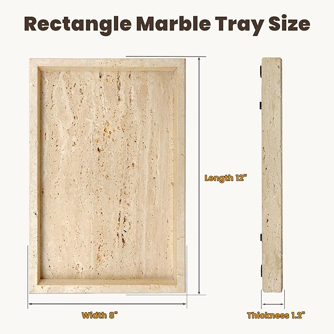 Natural Travertine Bathroom Vanity Tray, 12“x8” Beige Stone Organizer for Dresser, Decorative Tray for Perfume, Jewelry, Keys and Home Decor