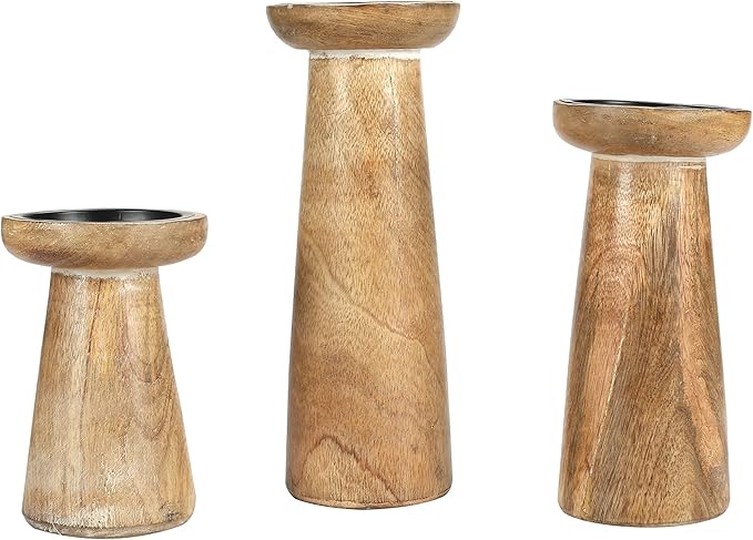Hand Crafted Wooden Pillar Candle Holder Set of 3, Ideal for LED and Pillar Candle, Gift for Wedding, Christmas, Party, Home, Spa, Reiki, Aromatherapy, Votive Candle Garden - 10,8,6 Inch - White Wash