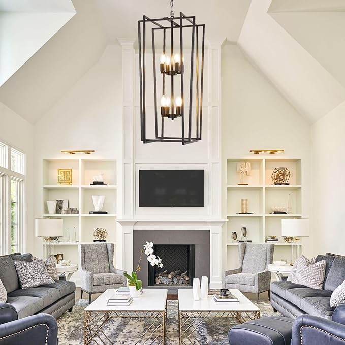 8-Light Tiered Lantern Pendant Light Fixtures,Large Foyer Chandeliers for High Ceilings,Industrial Foyer Lighting Fixtures,Long Chandeliers for High Ceilings,Farmhouse Chandelier for Entryway, Black