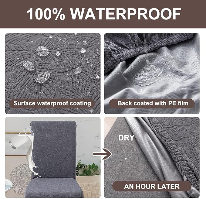 Genina 100% Waterproof Dining Room Chair Covers Set of 2 Stretch Kitchen Chair Covers Parsons Chair Slipcovers for Dining Room Chair Protector Cover, Removable, Washable (Leaf Pattern-Dark Gray)