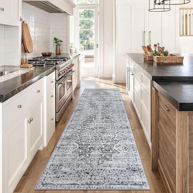 KUTA Washable Kitchen Runner 3x8, Grey Blue White Non Skid Washable 8ft Rug, Printed Vintage Distressed Tribal Area Rugs Ultra Soft Carpet Runners for Bedroom Living Room