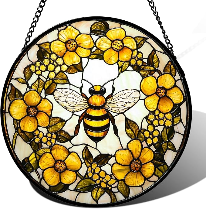 Stained Glass Window Hanging - Yellow Flowers Surrounded by Bees Sun Catcher for Door Garden Home Decor Cute Suncatcher Christmas Mother's Day Birthday Gifts for Women Men Mom Nana 15 in