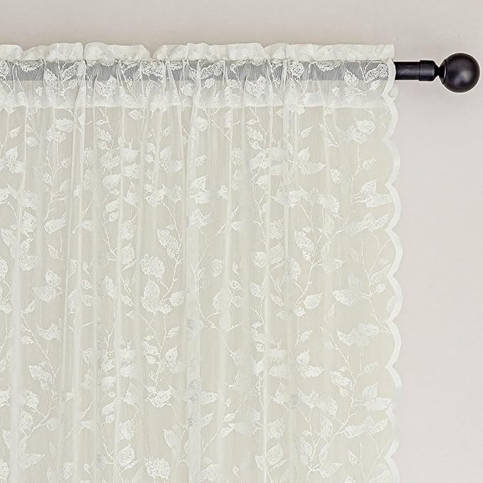 Ivory Lace Semi-Sheer Curtains 2 Panels – Vintage Leaves Pattern Lace for Bedroom/Kitchen, Rustic Privacy Light Filtering Rod Pocket Window Treatments Drapes, Elegant Chic, 52W x 45L Inch