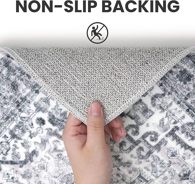 2x8 Washable Runner Rug for Hallways, Grey Blue White Soft Neutral Vintage Printed Runners with Non-Slip, Non-Shedding Boho Rugs for Bedroom Kitchen Porch Laundry Indoor
