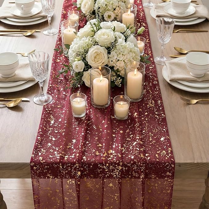 Artoid Mode Burgundy Gold Gauze Table Runner 120 Inch 10FT, Glitter Metallic Foil Sheer Dining Wedding Anniversary Holiday Birthday Table Decor for Home Party