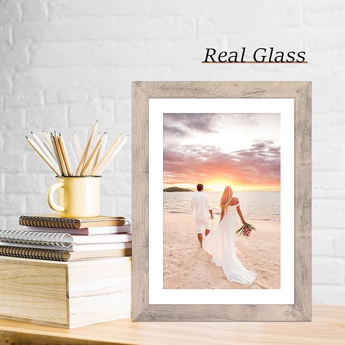 iRahmen 10x14 Picture Frame Set of 4 with Tempered Glass, Smoke Gray Frame Display 8x12 Picture with Mat or 10 x 14 Without Mat, Wood Rustic Photo Frames for Horizontal or Vertical Wall Mounting