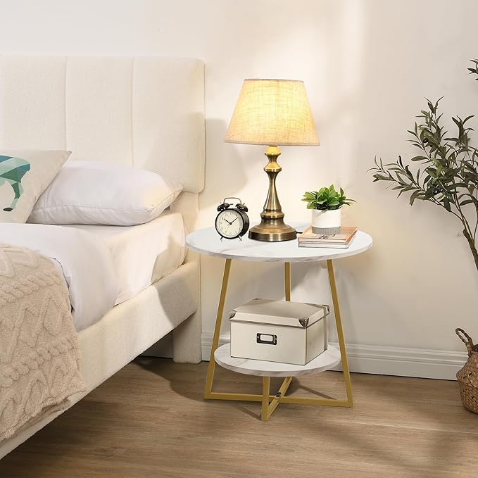 D&H FURNIMMT 20" Living Room Side Table Set of 2 for Small Spaces, 2 Tier Wood Top Round End Tables with Storage Shelf, Accent Sofa Table for Bedroom, Office, Sunroom, Balcony, White Faux Marble/Gold