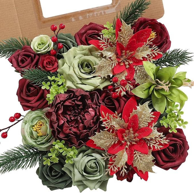 Christmas Artificial Flowers Box Silk Fake Roses with Stems for DIY Christmas Tree Wreath Decor,Floral Arrangement Cake Table Centerpieces Wedding Bouquet Baby Shower Birthday Home Decor