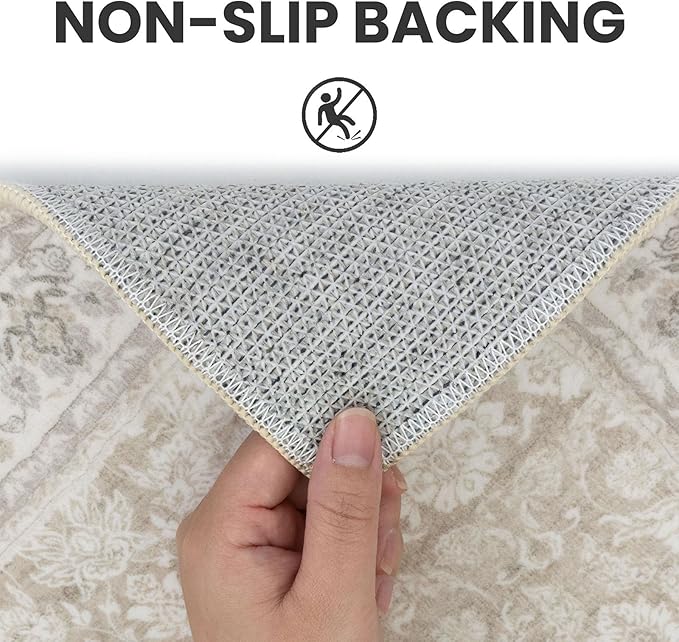 9x12 Area Rug, Cream Beige White Grey Large Washable Rug for Living Room with Non-Slip Soft Vintage Bedroom Rugs Traditional Farmhouse Carpet for Nusery Dining Room Office Home Décor